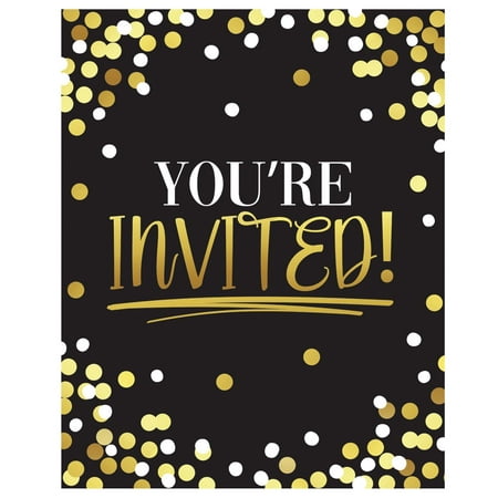 Black &amp; Gold Birthday Invitation Postcards W/ Envelopes (8ct)