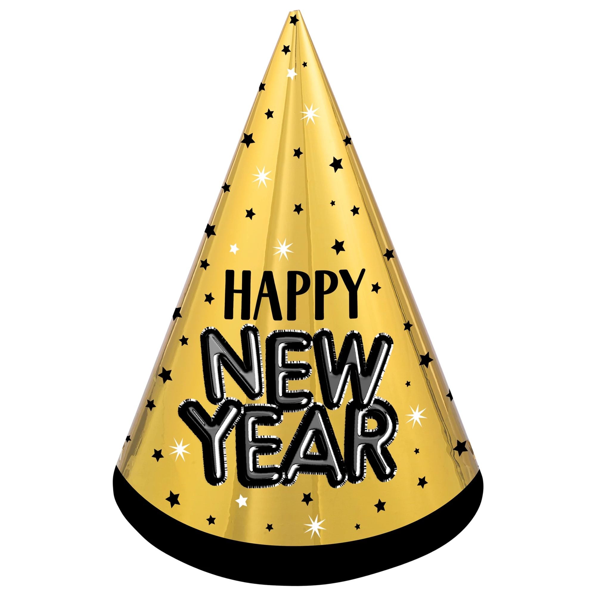 Happy New Year Cone Hat - Black, Silver, Gold