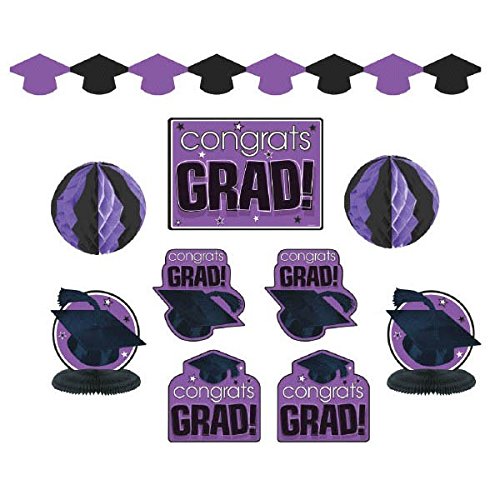 &quot;Congrats Grad!&quot; Graduation Party Room Decorating Kit, Purple and Black, Paper, Pack of 10