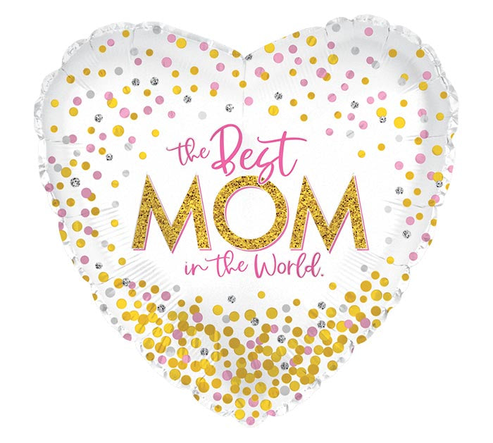 E003 17" BEST MOM IN THE WORLD CONFETTI HEART FOIL BALLOON