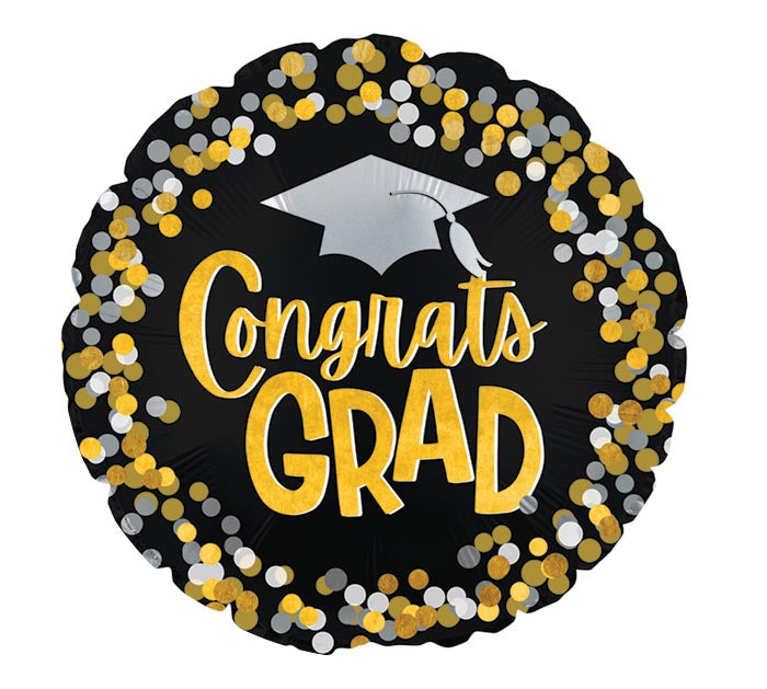 17" CONGRATS GRAD CONFETTI GOLD/BLACK FOIL BALLOON