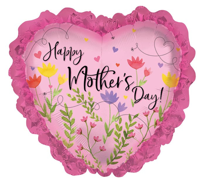 E002 27" MOTHER'S DAY FLORAL RUFFLE HEART FOIL BALLOON