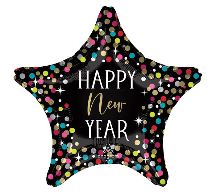 19&quot; HAPPY NEW YEAR COLORFUL CONFETTI STAR FOIL BALLOON