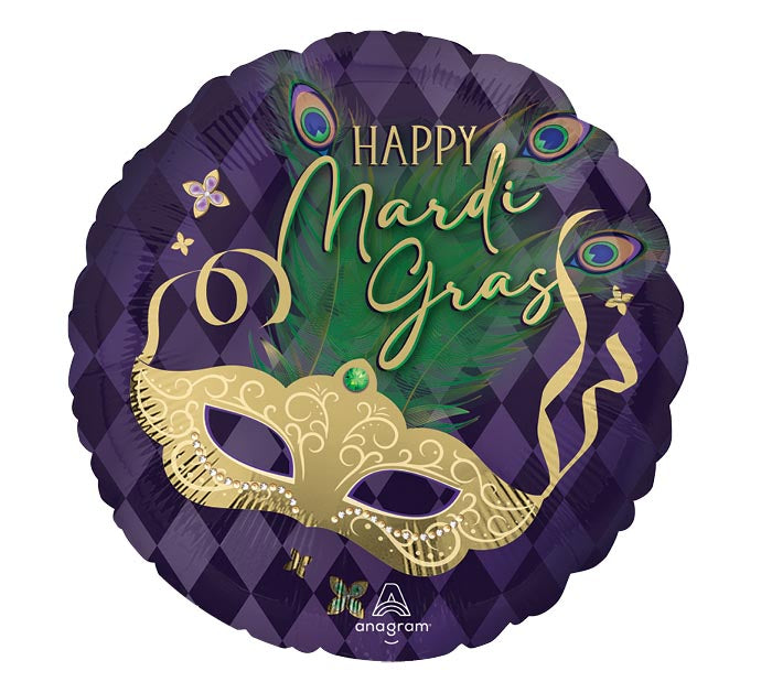 17" HAPPY MARDI GRAS MASK FOIL BALLOON