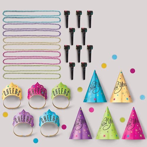 Party City Starlight New Year's Eve 2025 Party Kit Includes Hats, Necklaces, Blowouts, Squawkers, Horns (10 Person)