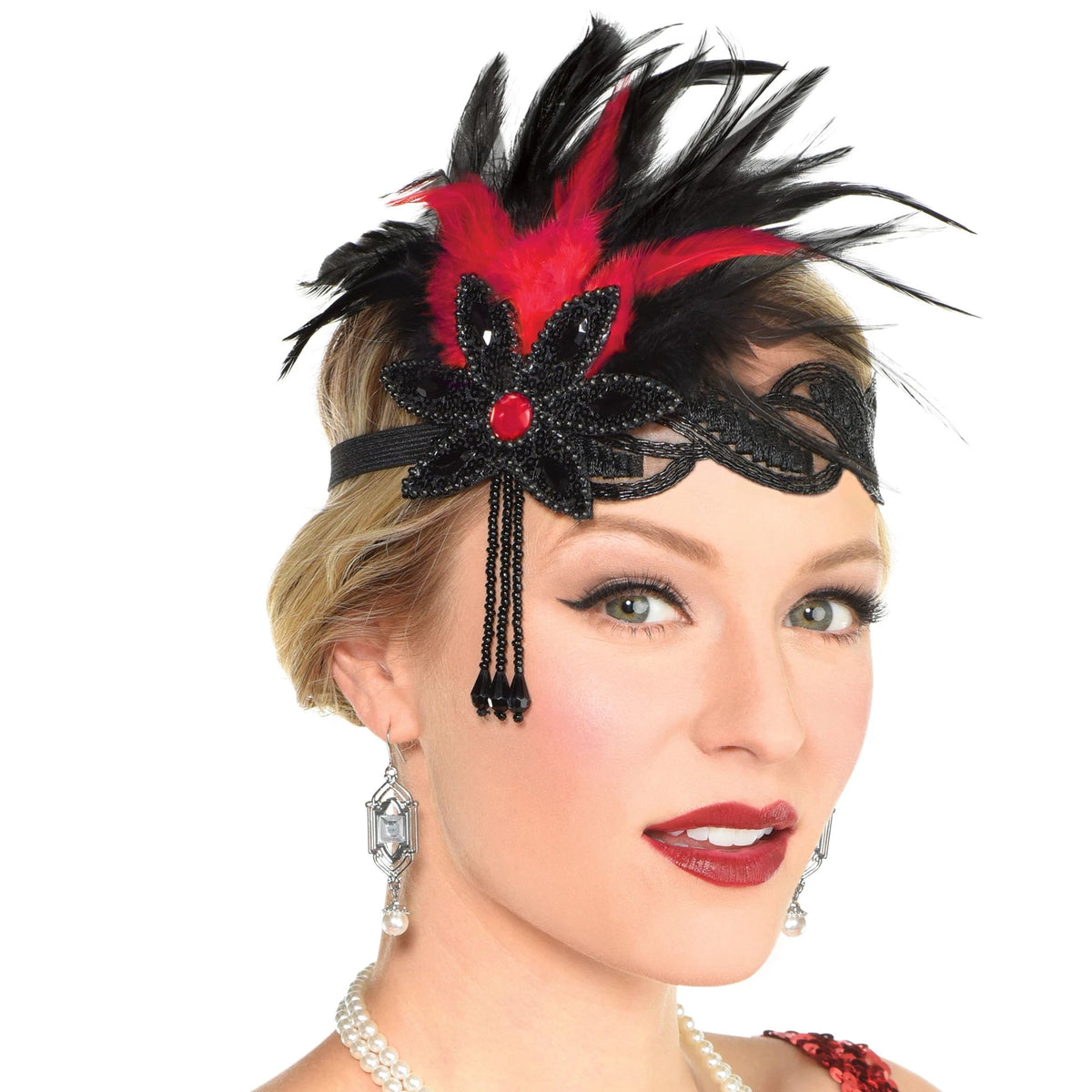 Stunning Gatsby Black &amp; Red Sequin &amp; Feather Headband