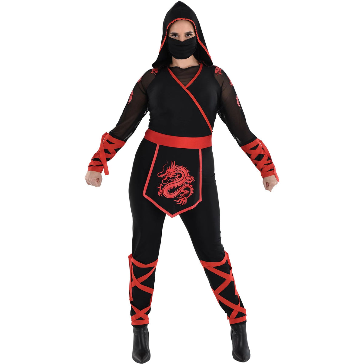 Black and Red Polyester Ninja Jumpsuit &amp; Mask Set - Plus (18-20) - Perfect Ultimate Costume Experience