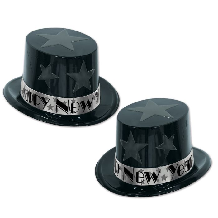 Happy New Year Black &amp; Silver Star Topper Hat