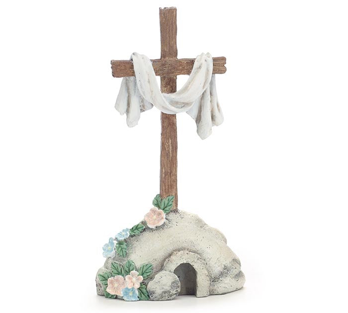 RESIN CROSS IN STONE SHELF SITTER