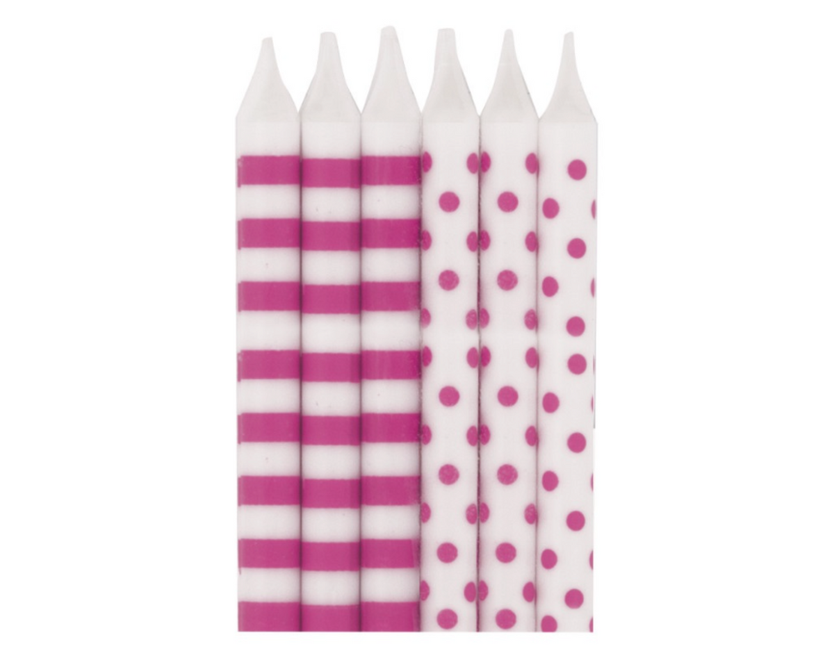 Hot Pink Stripes &amp; Dots Birthday Candles  12ct