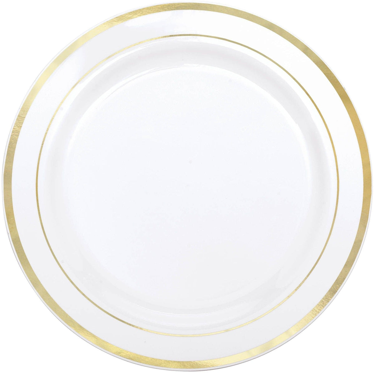 Amscan BASIC White Premium Plastic Round Plates with Gold Trim, 7 1/2&quot;