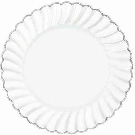 Amscan BASIC White Silver-Trimmed Premium Plastic Scalloped Lunch Plates 20ct