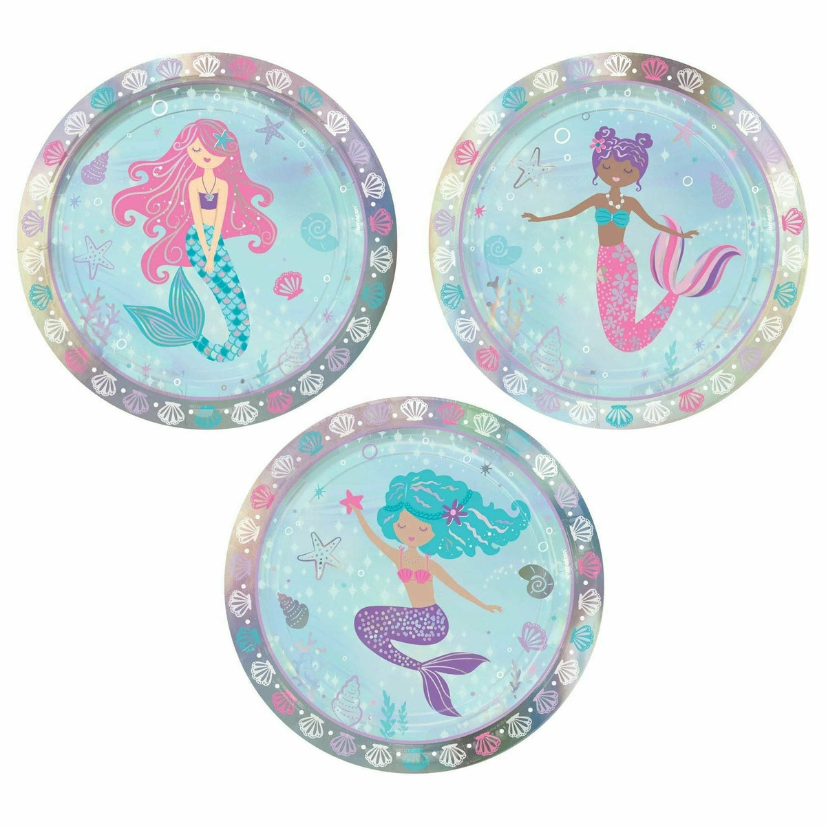 Amscan BIRTHDAY: JUVENILE Shimmering Mermaids 7&quot; Assorted Iridescent Round Plates