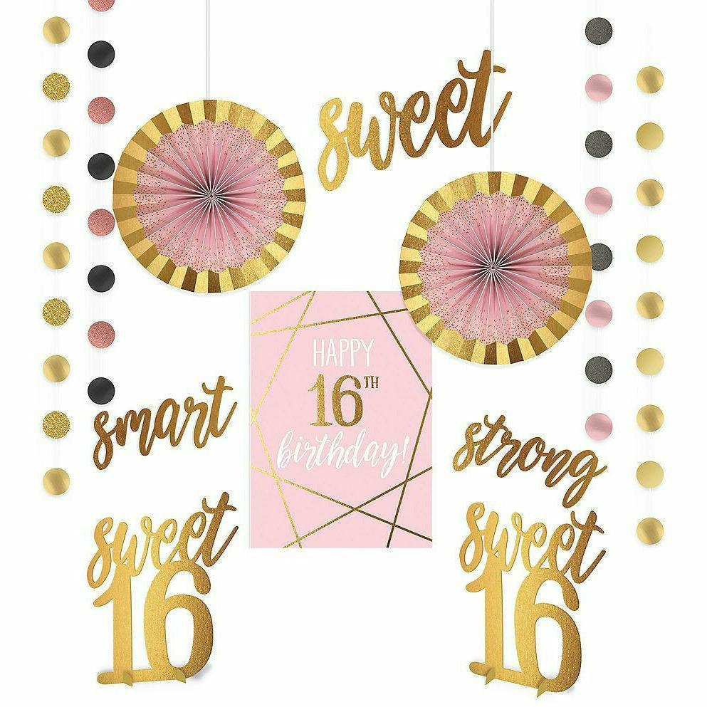 Amscan BIRTHDAY Metallic Gold &amp; Pink Sweet 16 Room Decorating Kit 12pc