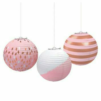 Amscan DECORATIONS Round Paper Lanterns - Rose Gold/Blush