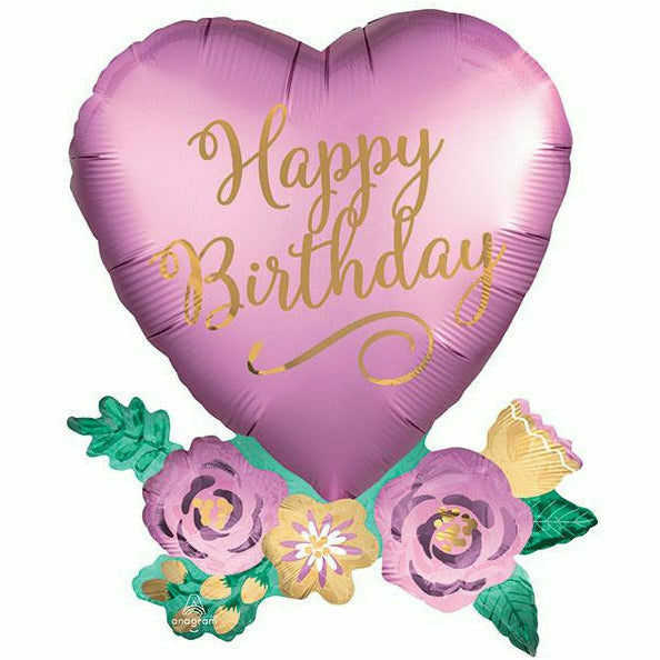 Burton and Burton BALLOONS 30" Birthday Satin Heart With Flowers Jumbo Foil