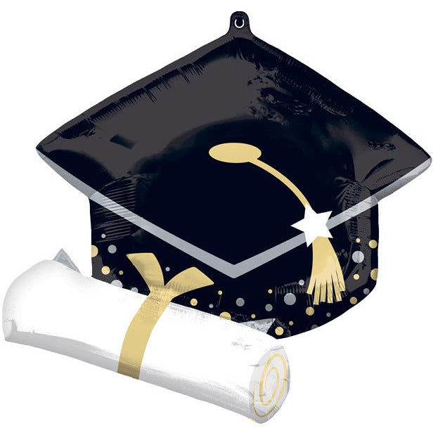 Burton and Burton HOLIDAY: GRADUATION 25&quot; BLACK GRAD CAP WHITE DIPLOMA FOIL BALLOON