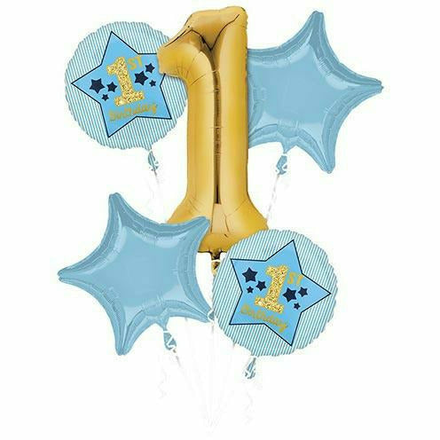 Mayflower Distributing BALLOONS 296  Boy 1st Birthday Blue &amp; Gold Balloon Bouquet