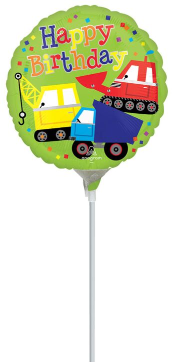 Mayflower Distributing BALLOONS 4&quot; Air Filled - Happy Birthday Trucks Balloon On A Stick