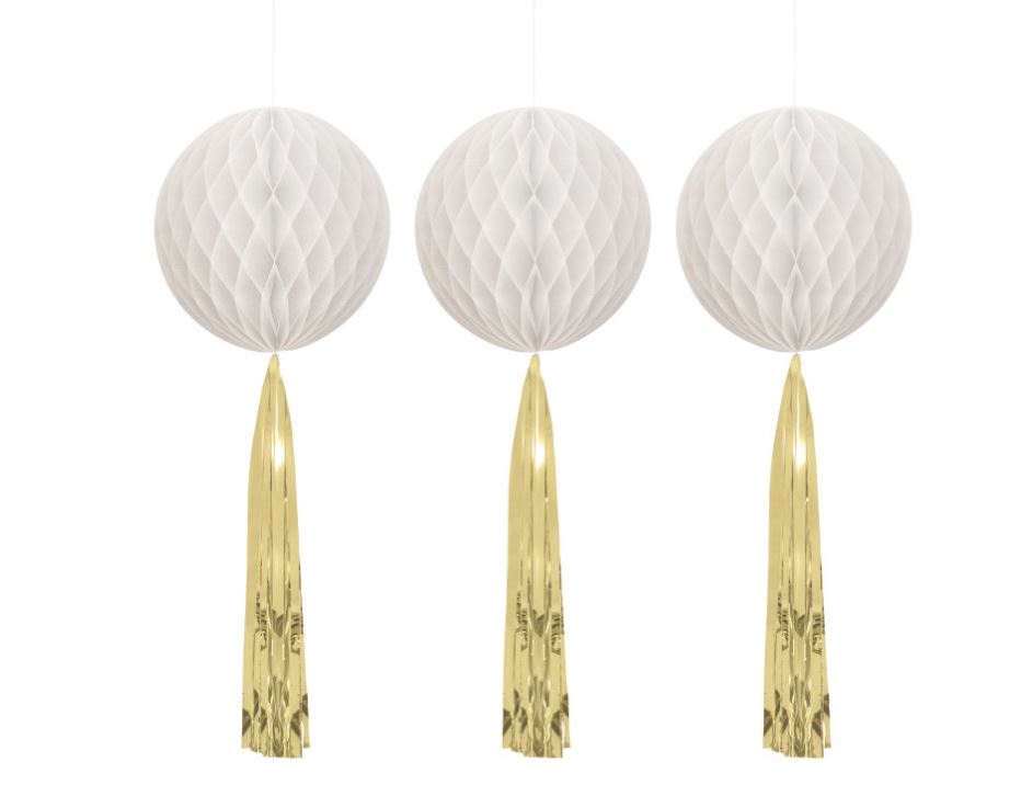 White Honeycomb Balls with Gold Foil Tassels  3ct