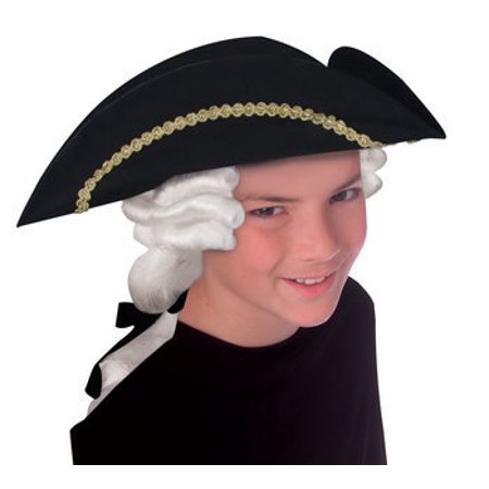 Child Colonial Tricorn Black Hat Wig White George Washington