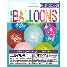 Unique Industries BALLOONS Fun Happy 16th Birthday 12" Latex Balloons, 8ct