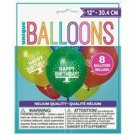 Unique Industries BALLOONS Primary Birthday Cake 12" Latex Balloons, 8ct