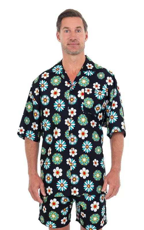 Uzzi ActiveWear LUAU S Uzzi Hawaiian Shirt - Navy Short Sleeve Dri-FIT Polyester Flower Shirts for Men